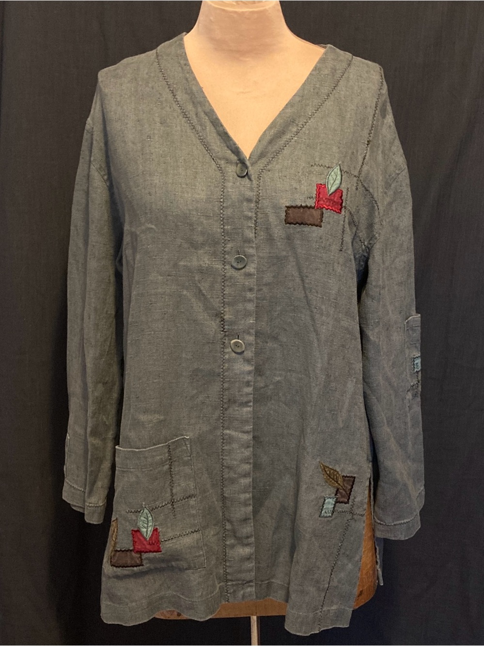 J. Jill 100% Linen V-Neck Patchwork Embroidered Button-Front Jacket | Slub Linen